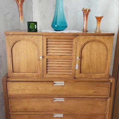 Basic-Witz mid-century dresser, carnival glass, Viking glass. 