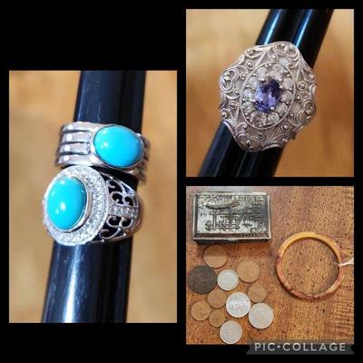 Sterling, turquoise, foreign coins and bakelite bracelet