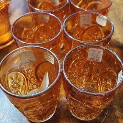 Marigold Imperial glass tumblers with original labels