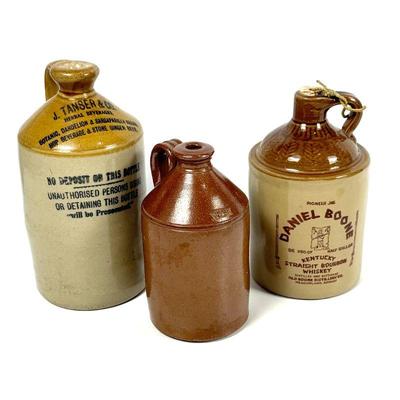 Antique Stoneware Jug Lot - J. Tanser & Co., Daniel Boone, Small Brown Jug