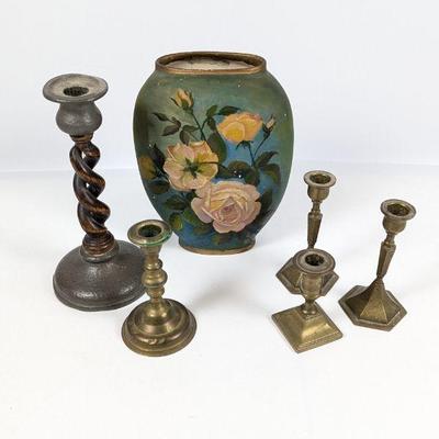 Antique Decorative Items - Floral Painted Vase and Candlesticks
