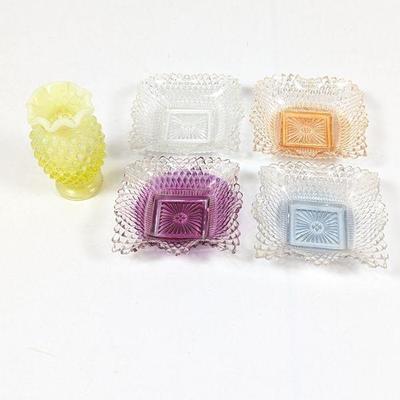 Vintage Fenton Glass Hobnail Bud Vase & Indiana Glass Diamond Point Ruffle Edge Square Dish Set