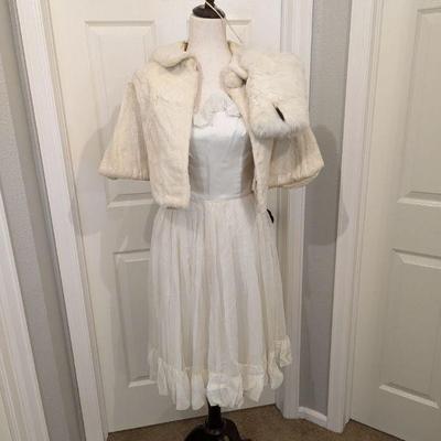 Vintage White Dress with Fur Cape & Muff