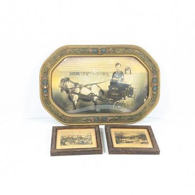 Antique Framed Photo 1924 & Two Small Currier & Ives Prints