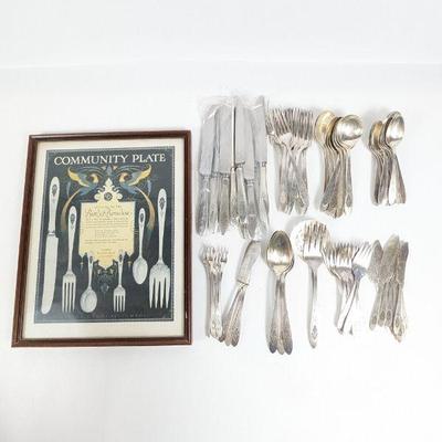 Antique Oneida Community Plate Bird of Paradise Silver-Plated Flatware Collection with Framed Advertisement