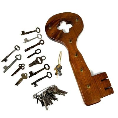 Vintage Wooden Key Rack with Collection of Keys