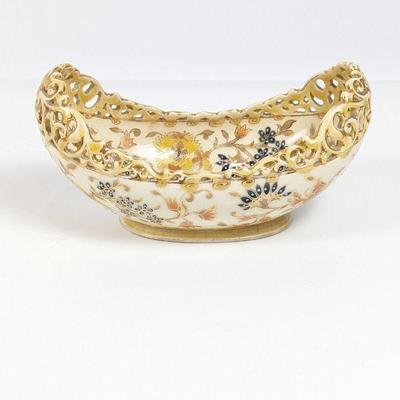 Antique Zsolnay Pecs Hungarian Hand-Painted Pottery Boat Shaped Bowl With Scroll Rim, Floral Decor & Gilt Highlights