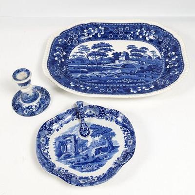 Vintage Blue and White Spode Lot - Platter, Candle Holder, Handled Platter