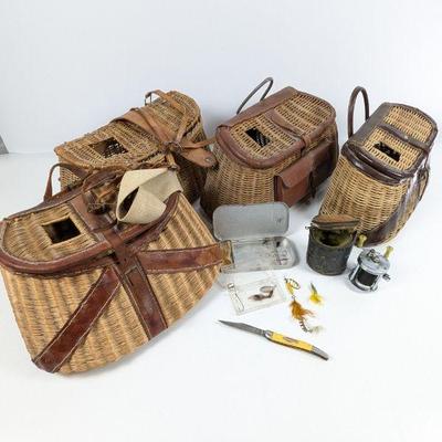 Vintage Fishing Creel Lot - Wicker Baskets, Knife, Fly Fishing Gear & More