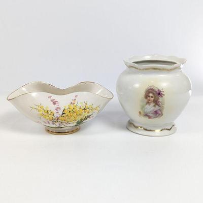 Vintage Porcelain Vase and Bowl Duo - Hand-Painted Floral Designs
