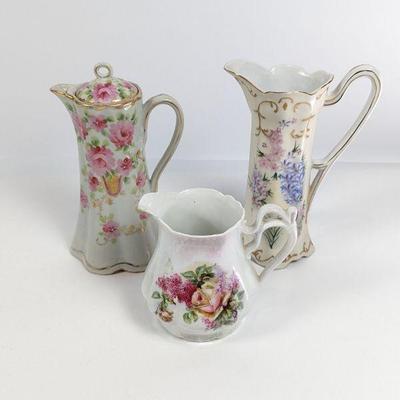 Antique Ceramic Pitcher Lot - Floral Designs - Including Limoges