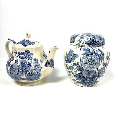 Blue and White Sadler, England Teapot and Royal Staffordshire Lidded Jar