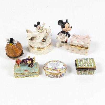 Collection of Hinged Trinket Boxes Including Lenox Treasures Mickey Mouse & Halcyon Days Enamels