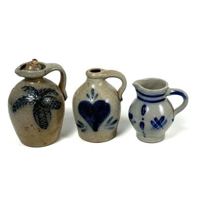 Rowe Pottery Works Oil Lamp & Jug with Unmarked Stoneware Pitcher