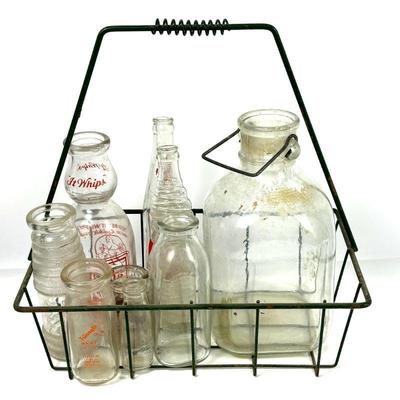 Vintage Glass Bottle Collection with Wire Carrier