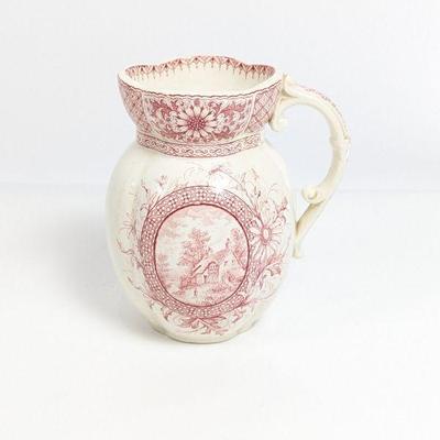 Antique Whittaker & Co. Surrey Pitcher with Red Floral and Scene Design