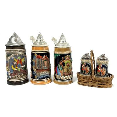 German Beer Stein Collector's Lot - Decorative Steins and Salt & Pepper Shaker Set