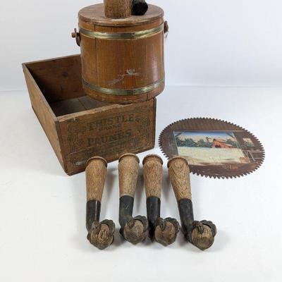 Vintage Collectibles Lot - Shoe Shine Bucket, Thistle Brand Prunes Crate, Furniture Legs & More