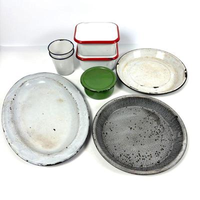 Vintage Enamelware Collection - Assorted Plates, Cups, and Containers