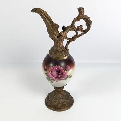 Antique Ornate Brass and Ceramic Ewer Vase with Rose Design