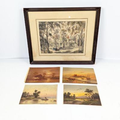 Framed Original (?) Currier & Ives Print and Four Small Prints