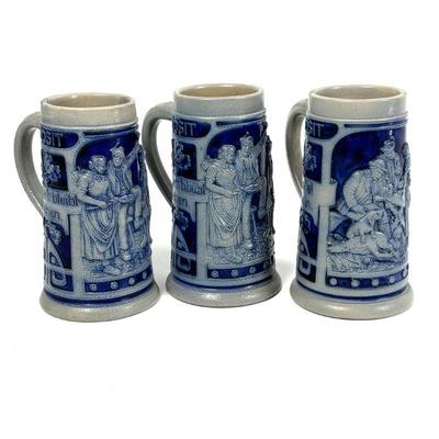 Vintage German Beer Stein Collection - Three Prosit Blue & Gray Ceramic Mugs