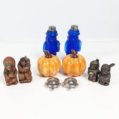 Vintage Salt and Pepper Shaker Collection - Blue Glass Mr. Peanut, Native American, Pumpkin, & Turtles
