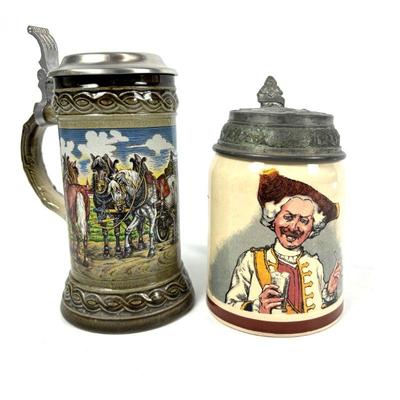 German Beer Stein Collectors Lot - Detailed Horse-Drawn Carriage & Character Stein