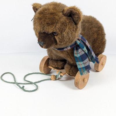 Vintage Applause Plush Pull-Along Toy Bear on Wheels
