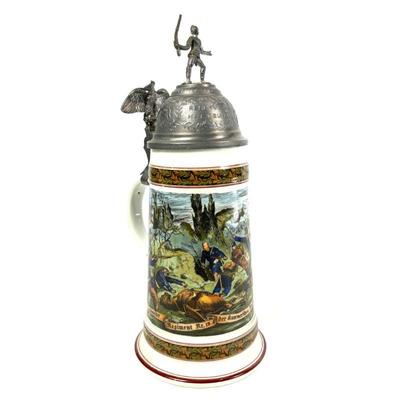  Vintage Porcelain German Military Beer Stein with Pewter Lid & Soldier Figurine