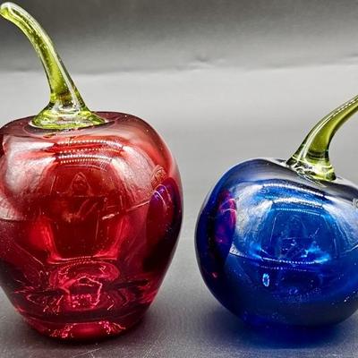 2- Blown Glass Red & Blue Cherries