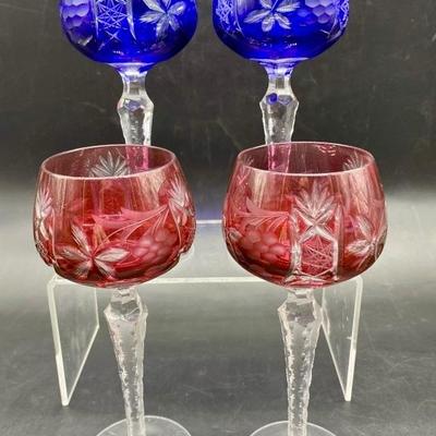 (4) Bohemia Cobalt & Ruby Cut to Clear Wine Hocks