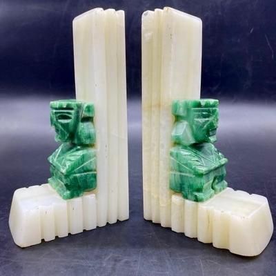 Pair of Onyx Bookends w/ Green Mayan Idols