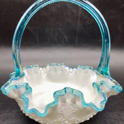 Vtg. Aqua Crest Fenton Basket w/ Embossed Flower