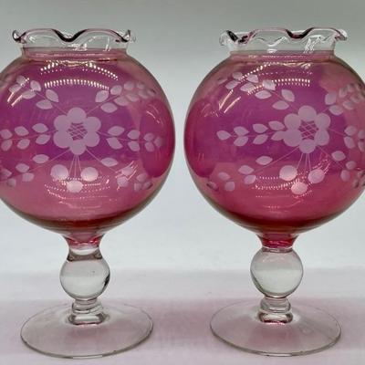 (2) Vtg. Etched Cranberry Pedestal Rose Bowls w/ Ruffled Edge