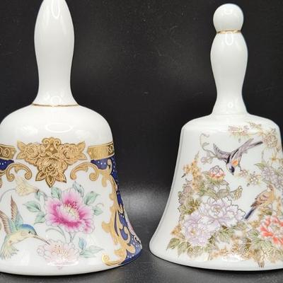2- Vtg Mismatched Porcelain Bells w/ Bird & Flower