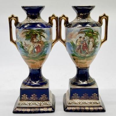 Pair Cobalt Fine Porcelain Urn Vases
