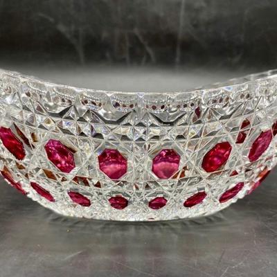 Vintage Flashed Ruby & Crystal Oval Bowl