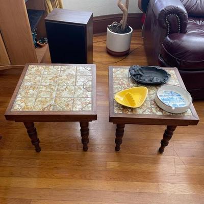 A Pair of tile and wood end tables