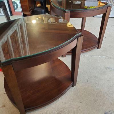 pair custom glass topped side tables 