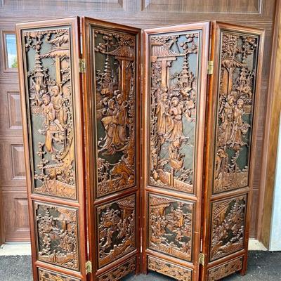 Carved Japanese 4-panel wood screen 