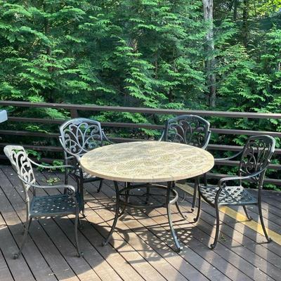 (5PC) OUTDOOR PATIO SET | Including 4 metal chairs with curved scrollwork arms & legs and curved back, and composite table with metal...