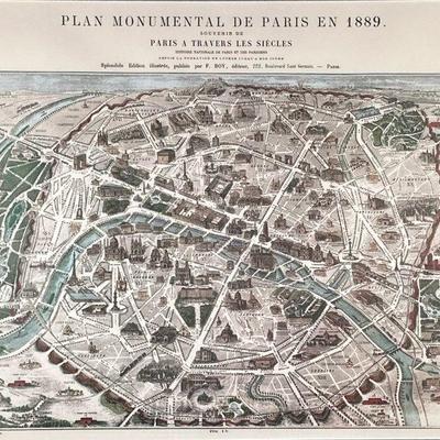 MAP OF PARIS 1889 PRINT | Showing various sights and attractions in Paris from 1889, 18.5 x 22 in. sight. - l. 27.25 x w. 23.75 in (frame)

