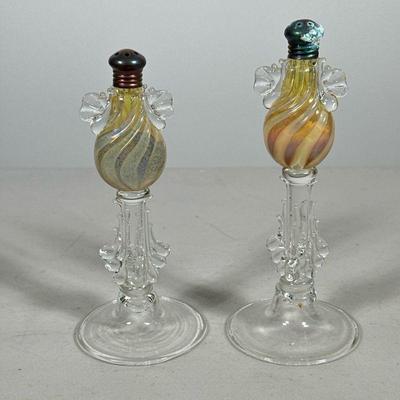 GAZELLE HAND-BLOWN GLASS SALT & PEPPER SHAKERS | Hand-blown art glass salt & pepper shakers with opaline glass over dropping...
