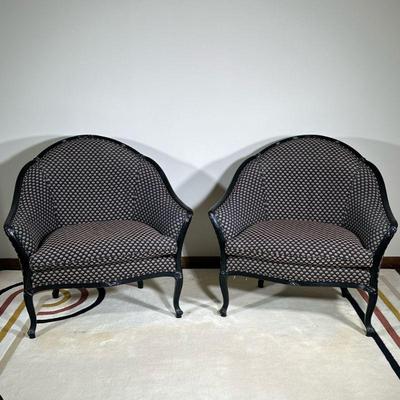 (2PC) PAIR BASSET FURNITURE ARMCHAIRS | Pair of curved back seashell upholstered armchairs with the reverse fluted border over carved...