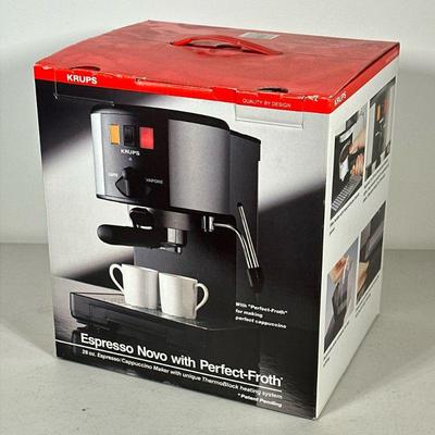 NIB KRUPS ESPRESSO NOVO | 28 oz. Espresso/Cappuccino Maker with “Perfect-Froth” milk frother. - l. 11.25 x w. 9 x h. 12.5 in

