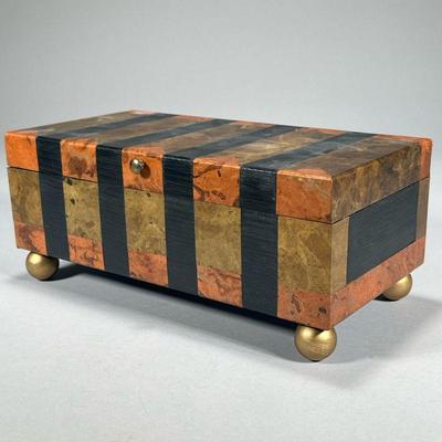 PAINTED DECORATIVE WOOD BOX | Decorative table top wood box having two compartments and gilt ball feet. - l. 12 x w. 6 x h. 5 in

