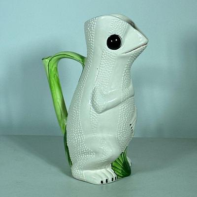 CERAMIC FROG PITCHER | Frog-form ceramic pitcher. - l. 8 x w. 5.5 x h. 11.5 in

