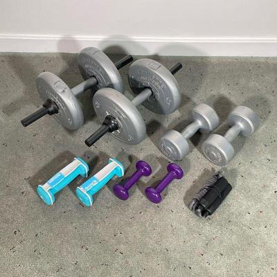 (9PC) DUMBBELLS & WORKOUT EQUIPMENT | Including: pair of 17lbs dumbbells, pair of 5lbs dumbbells, 2 pair of 3lbs dumbbells, and jump...