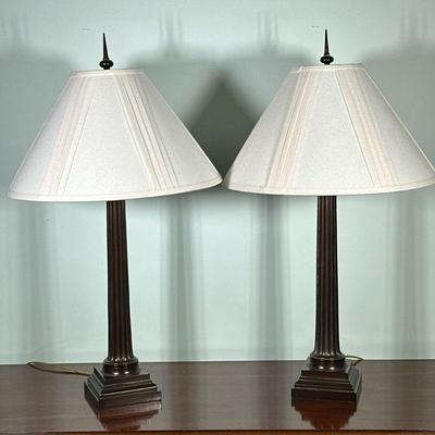 (2PC) PAIR BRASS LAMPS | Having fluted column with iconic top and pedestal base. - l. 6 x w. 6 x h. 33 in

